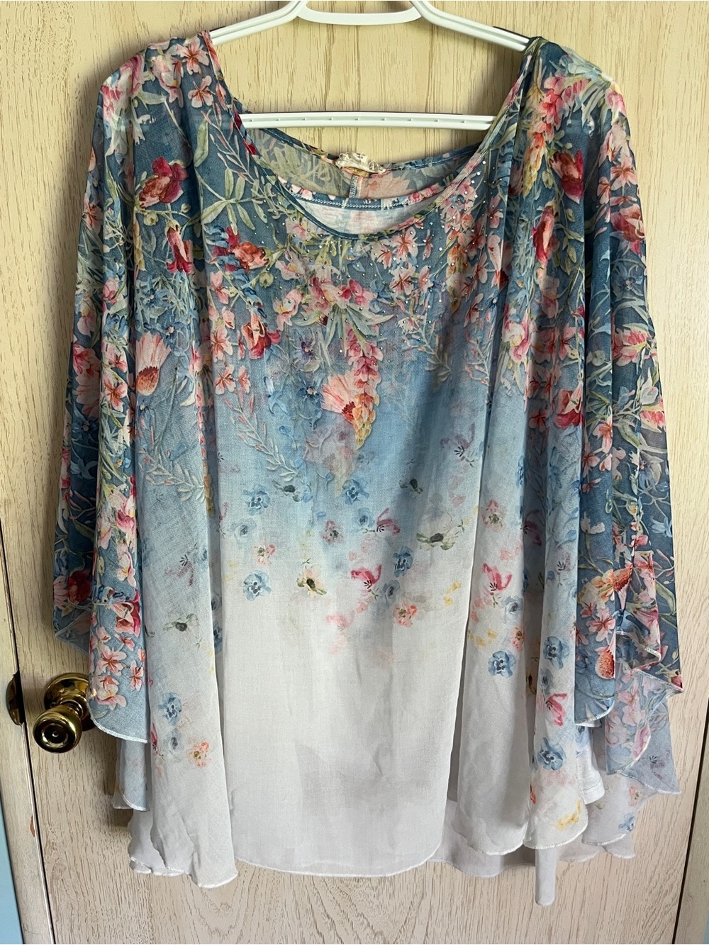 ONE WORLD Women's Light Blue White Ombre Floral Poncho Overlay Top & Tank XXL